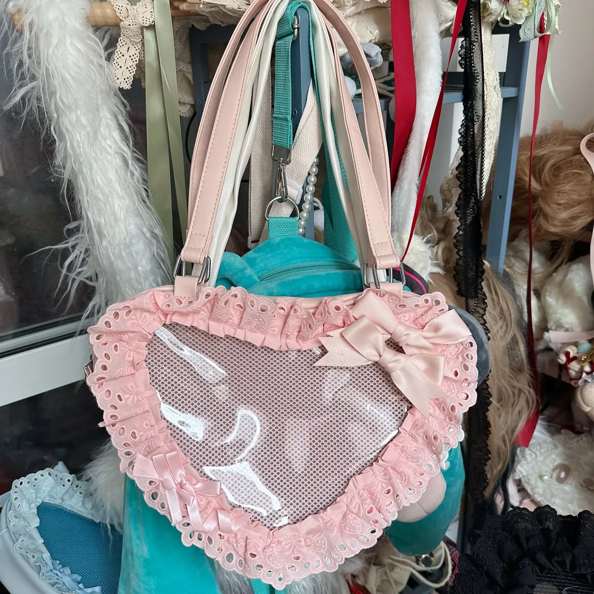 lolita fait à la main amour coeur dentelle fleur mignon sac à bandoulière douce fille étudiants arc fourre-tout sacs à main