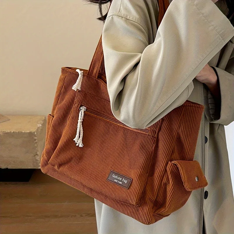 sac fourre-tout simple en velours côtelé, sac à bandoulière de couleur unie, sac à main rétro multi-poches pour le travail scolaire et le shopping