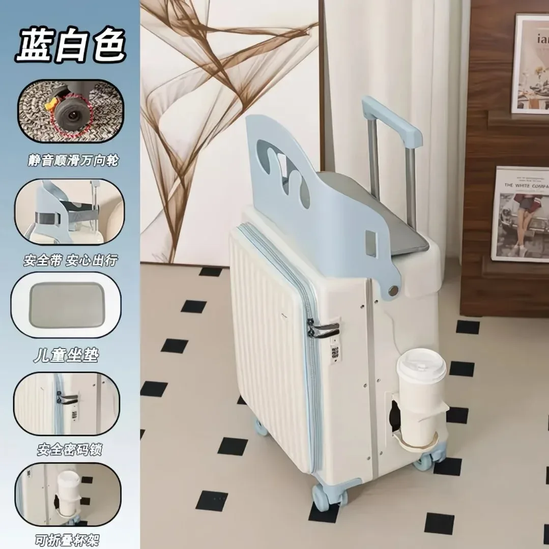 valise plastique dur pc blanche accents roses siège intégré roulettes toupie usage voyage enfant