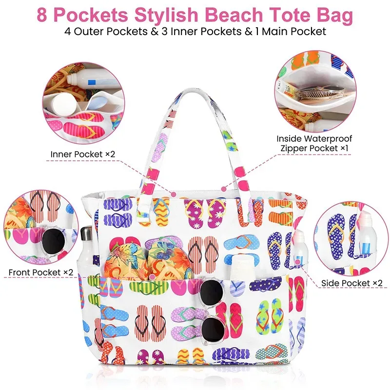 Sac de plage grande capacité pour femmes, nouveau sac de voyage avec joli imprimé, organisateur portable à main pour les vacances