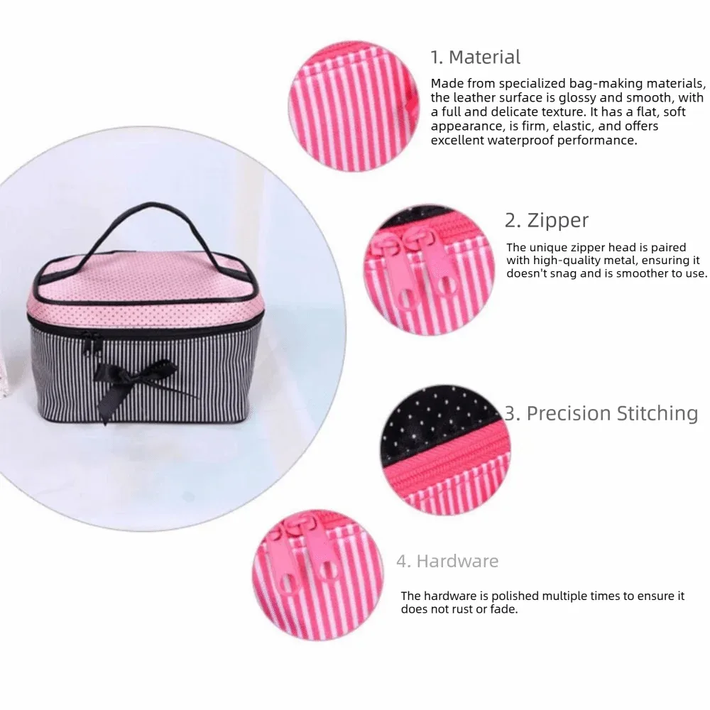 sac à cosmétiques portable mignon à rayures avec nœud, organiseur de lavage, sacs à maquillage, sac à main pour femmes et filles