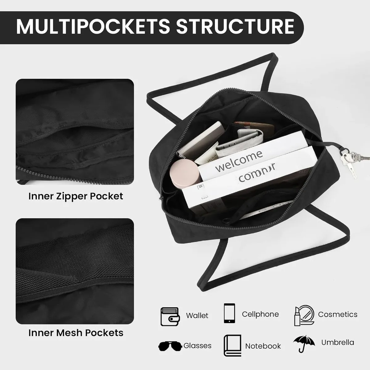 sac fourre-tout en nylon, sac à bandoulière pour femme avec clip porte-clés, sac à main léger à fermeture éclair, idéal pour le travail quotidien, les voyages, la gym, cadeau pour maman