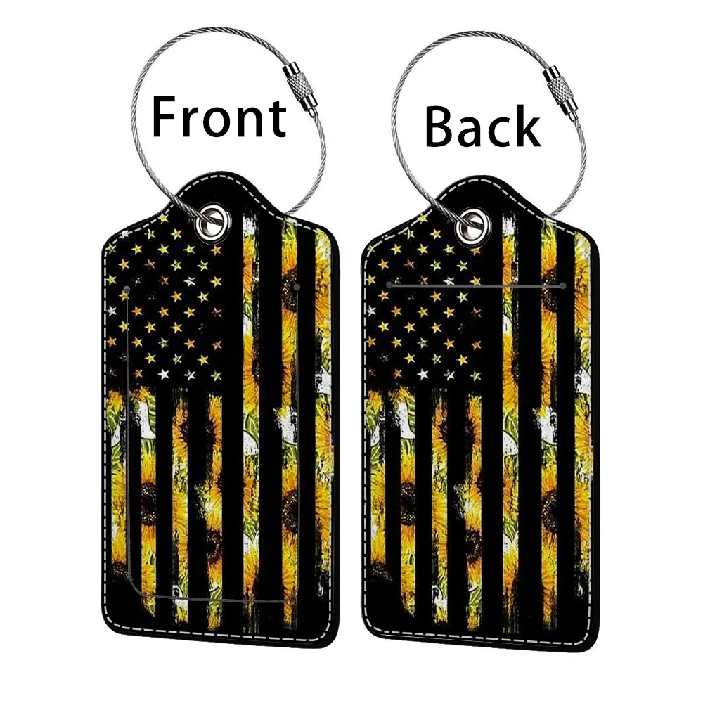 étiquette bagage polyuréthane motif tournesols bleu nuit jaune voyage identification personnelle plaques adresses double cartes bancaires