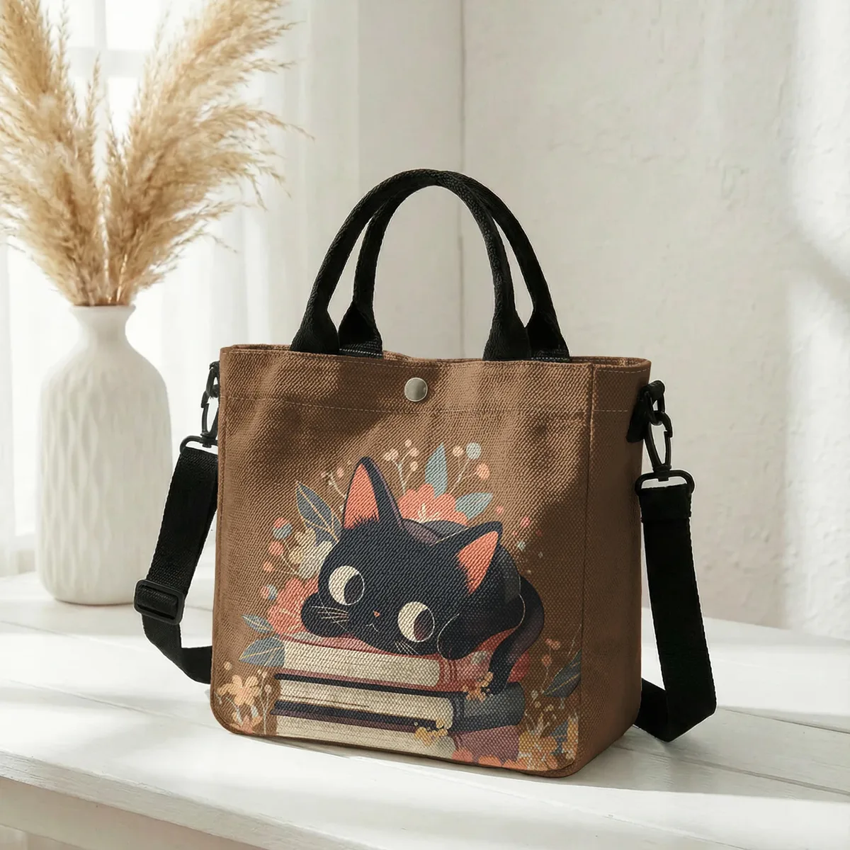 sac fourre-tout à imprimé floral avec chat noir mignon empilé sur des livres, sac à bandoulière détachable pour femme, idéal pour le shopping quotidien