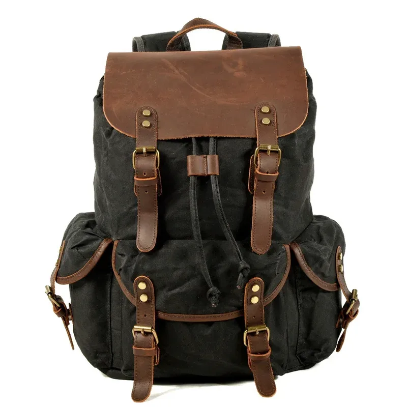 sac à dos nesitu en cuir véritable et toile cirée, pour ordinateur portable a4, coloris kaki, noir, gris, vert, pour hommes et femmes, idéal pour la randonnée et les voyages, sac de sport m6105