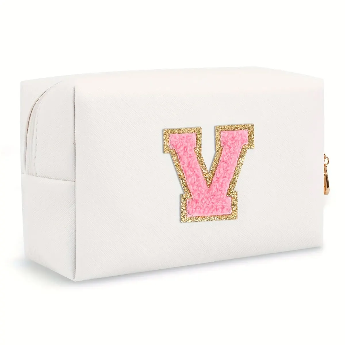 trousse de maquillage preppy pour femmes, trousse de toilette de voyage, sac à cosmétiques avec lettres en chenille, pochette étanche en cuir pu, joli organisateur à fermeture éclair-ll