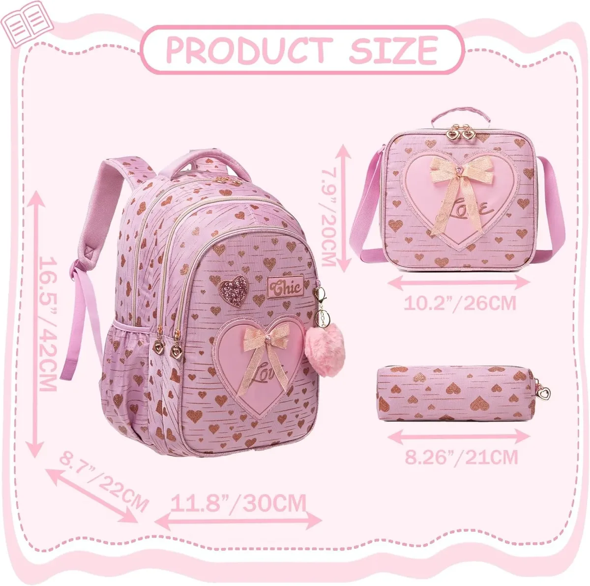 ensemble de 3 sacs à dos d'école pour filles, avec fourre-tout et trousse à crayons, sac à livres primaire léger pour enfants, mochila de retour à l'école