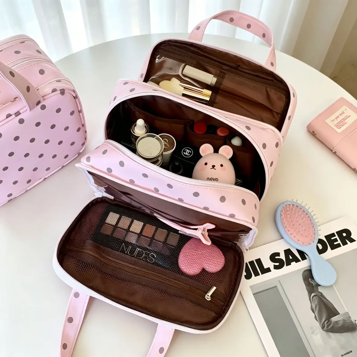 grande trousse à cosmétiques à pois, avec poignée portable, organisateur de maquillage multi-compartiments pour femmes, pour une utilisation quotidienne en voyage