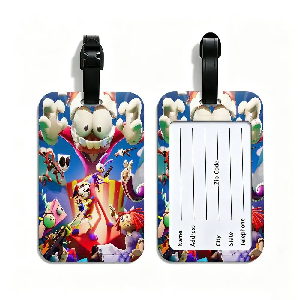 étiquette de bagage en pvc, motif de dessin animé "le cirque numérique incroyable", accessoire de voyage, design anti-perte, pochette détachable pour carte d'information.