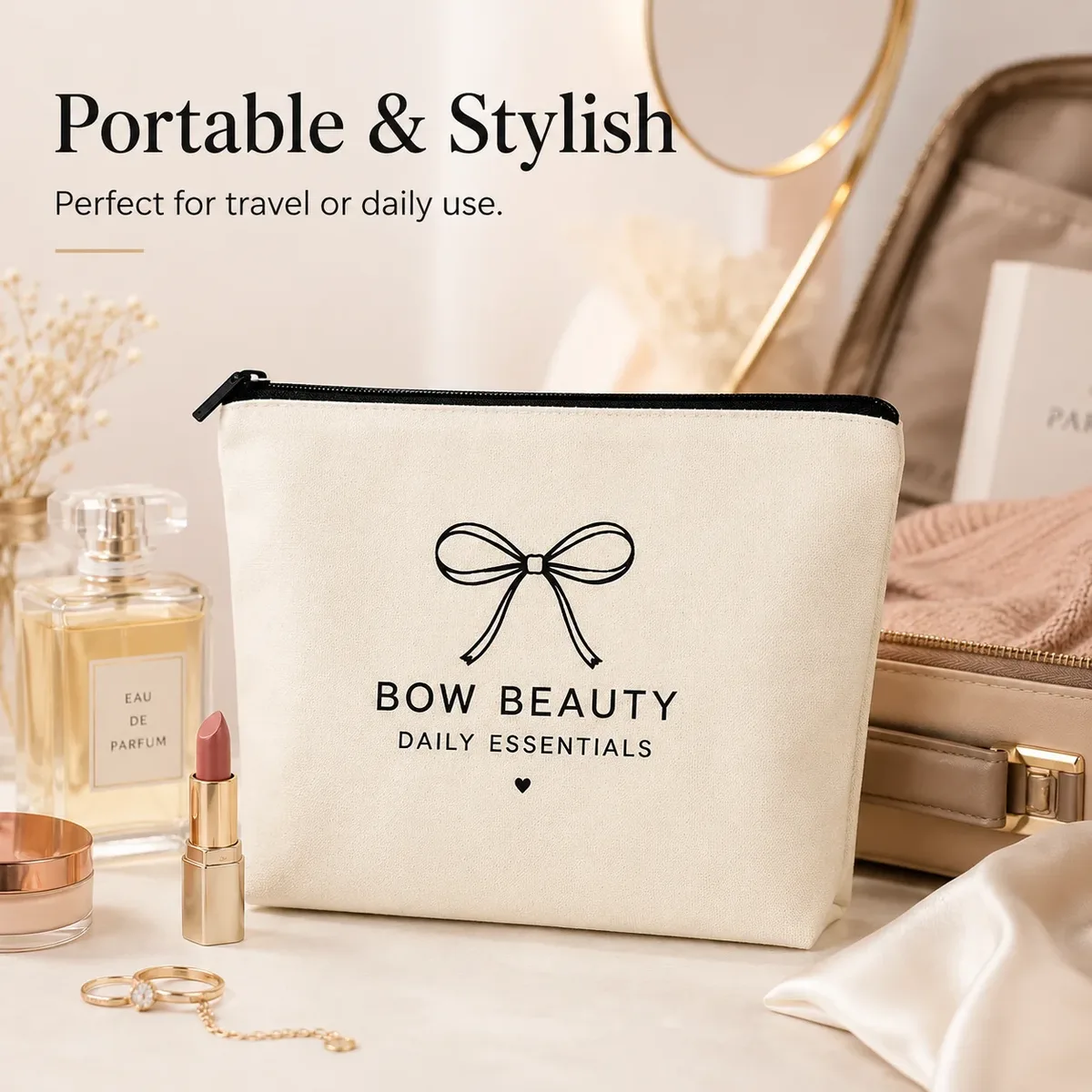 trousse de maquillage en toile avec nœud pour femmes, pochette cosmétique portable avec fermeture éclair, organisateur de voyage pour articles de toilette, sac de rangement quotidien pour essentiels de beauté