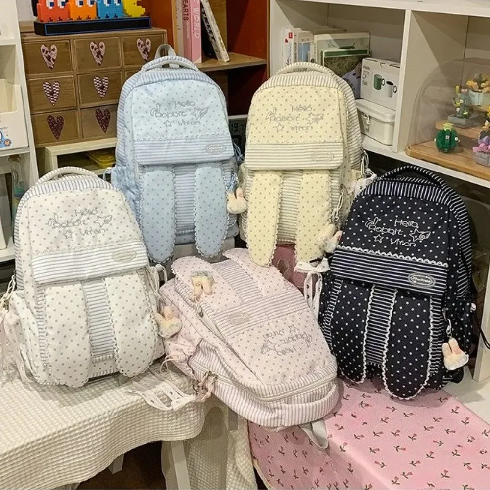 sac à dos tendance pour femme à motif pois avec oreilles de lapin, grande capacité, idéal pour les étudiants et les trajets quotidiens