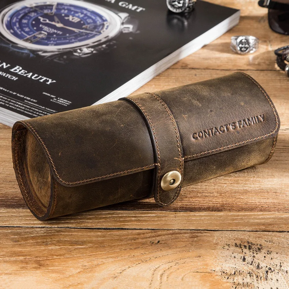 organisateur voyage montres cuir marron vieilli fermeture magnétique trois supports vintage retour traité montres stockage