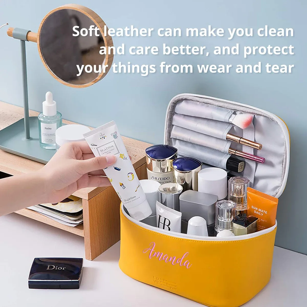 trousse de maquillage personnalisée avec nom brodé, sac cosmétique de voyage portable pour femme, en poudre, cuir pu imperméable, cadeau pour demoiselles d'honneur