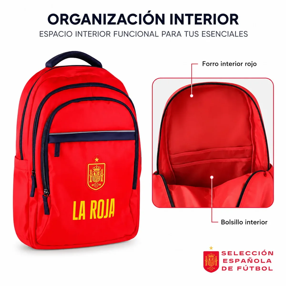 sac à dos scolaire la roja de l'équipe nationale de football espagnole "la roja", produit officiel sous licence. sac à dos de football de l'équipe nationale 43x30x18cm rouge et bleu marine avec compartiments.
