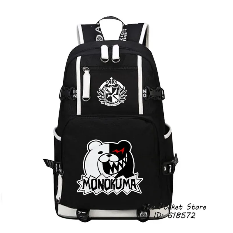 sac dos toile oxford noire dessin animé monokuma couronne ailes capacité 20 35 litres port usb bandes renfort blancs