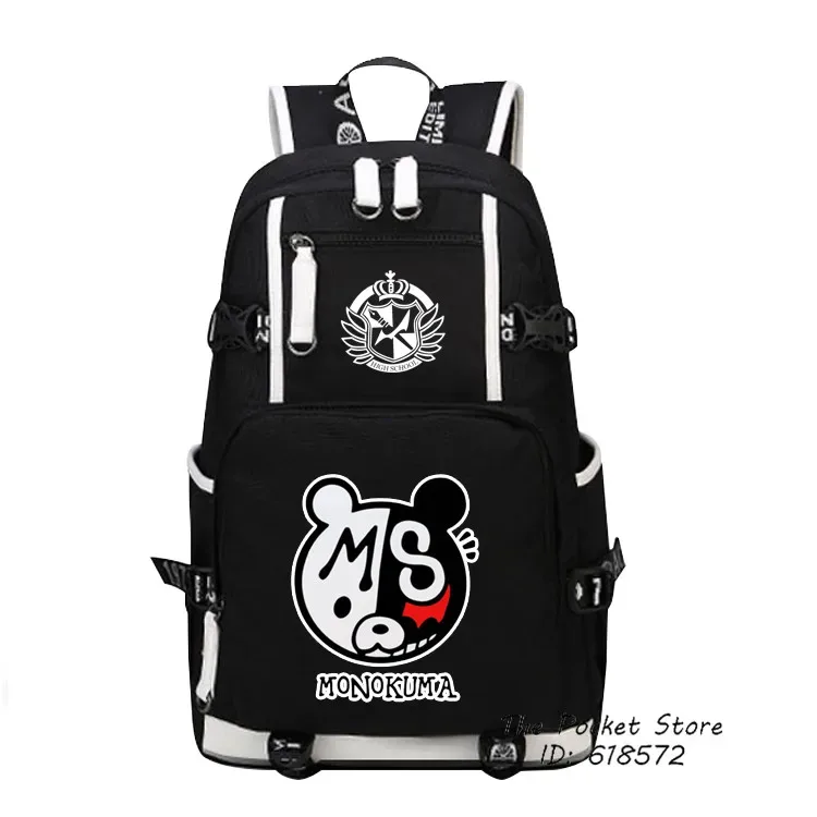 sac dos toile oxford noire dessin animé monokuma couronne ailes capacité 20 35 litres port usb bandes renfort blancs