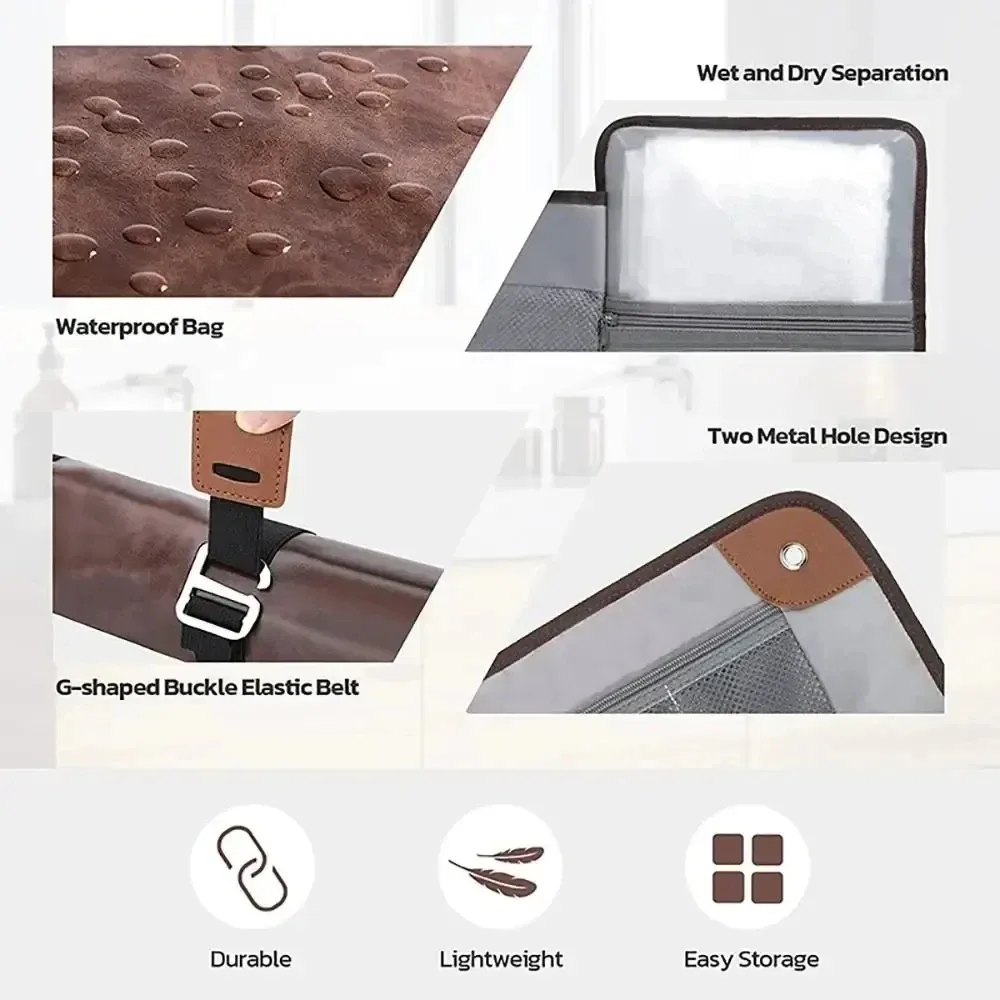 trousse de toilette suspendue pour homme en cuir pu résistant à l'eau, trousse d'hygiène personnelle universelle, trousse de toilette enroulable, essentiels de voyage