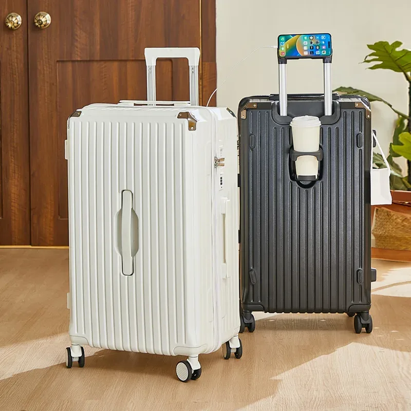 valise bagage roulante abs dur beige bleu noir marron grande capacité toupie poignée latérale porte gobelet support téléphone pratique