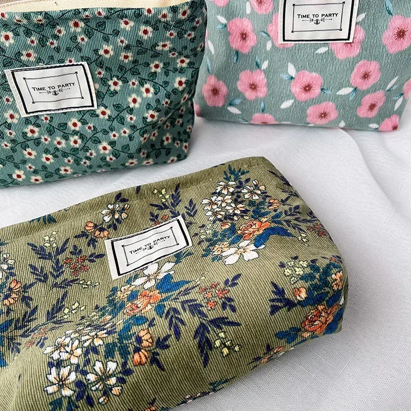 trousse de maquillage en velours côtelé pour femme, trousse cosmétique à imprimé floral rétro, étuis de rangement de beauté, poudres de maquillage de voyage