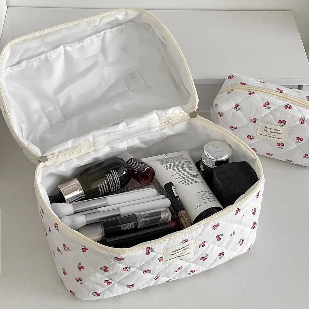 mode cerise fourre-tout femmes sac de maquillage portable mignon dames cosmétique toilette pochette de rangement sac à main coton matelassé sac à fermeture éclair