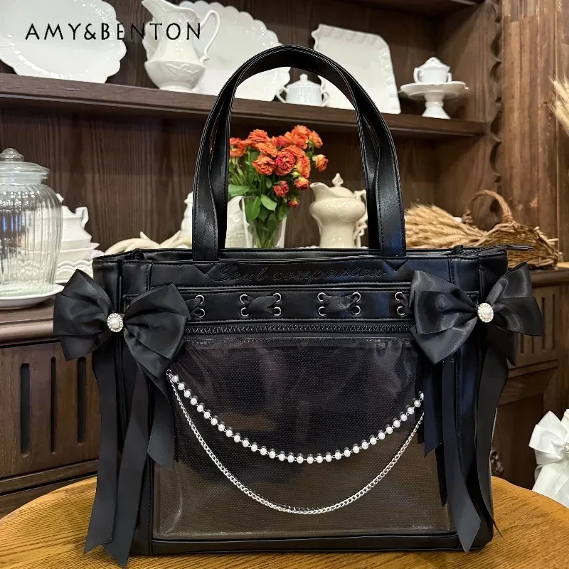 sac messager en cuir pu série sc mine, sac fourre-tout avec nœud en strass, ruban et pendentif perle, grande capacité, itabag bidimensionnel pour femme