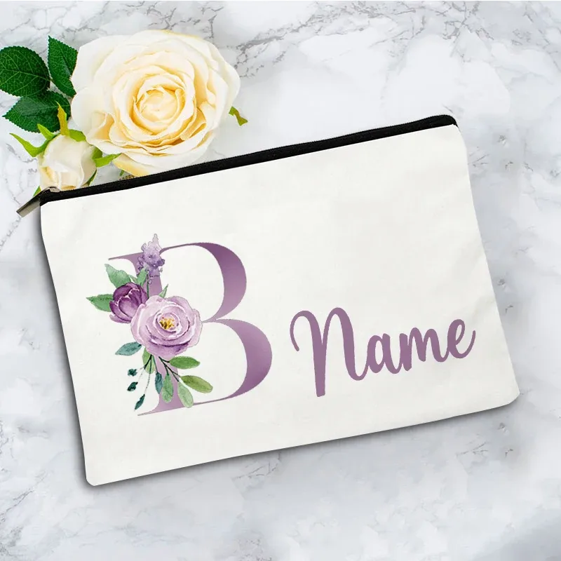 pochette de maquillage personnalisée violette à 26 motifs floraux, sac de toilette pour articles de voyage, cadeau de mariage ou d'anniversaire avec nom personnalisé