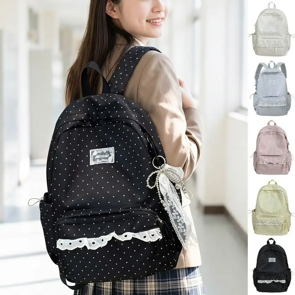sac à dos tendance à pois, grande capacité, design avec nœud, bordure en dentelle, sac à dos minimaliste et durable pour étudiants, cadeau idéal.