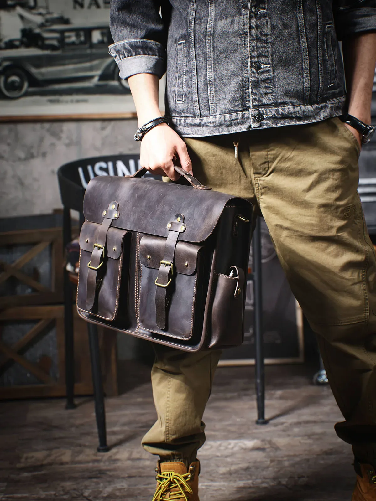 vintage haute qualité cheval fou peau de vache hommes grand porte-documents voyage décontracté luxe à la main en cuir véritable sac à main pour ordinateur portable