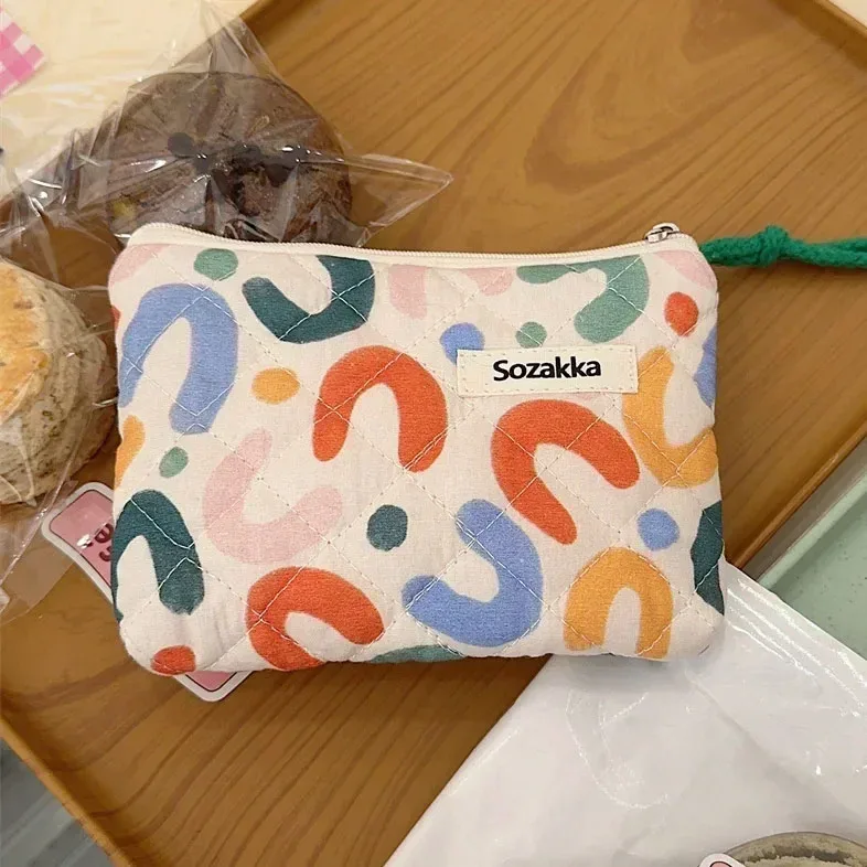 sac de maquillage en coton doux à motif floral, fermeture éclair, rangement pour rouge à lèvres, nœuds, sac cosmétique, trousse de toilette, pochette multifonctionnelle, porte-monnaie