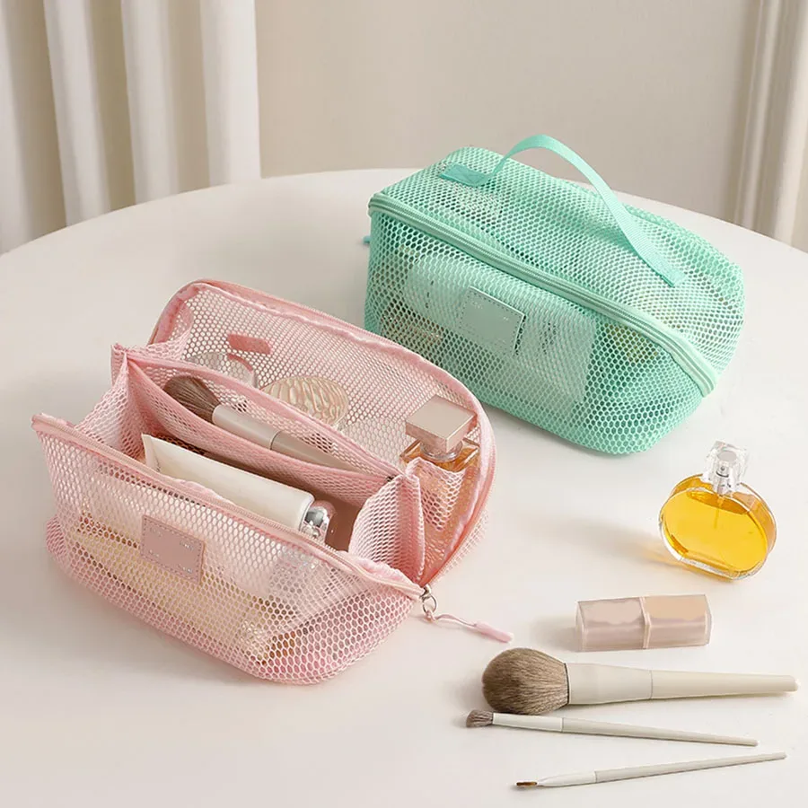 grande trousse de maquillage portable en maille grande capacité, avec fermeture éclair, multi-couches, transparente, organiseur de cosmétiques, trousse de toilette carrée