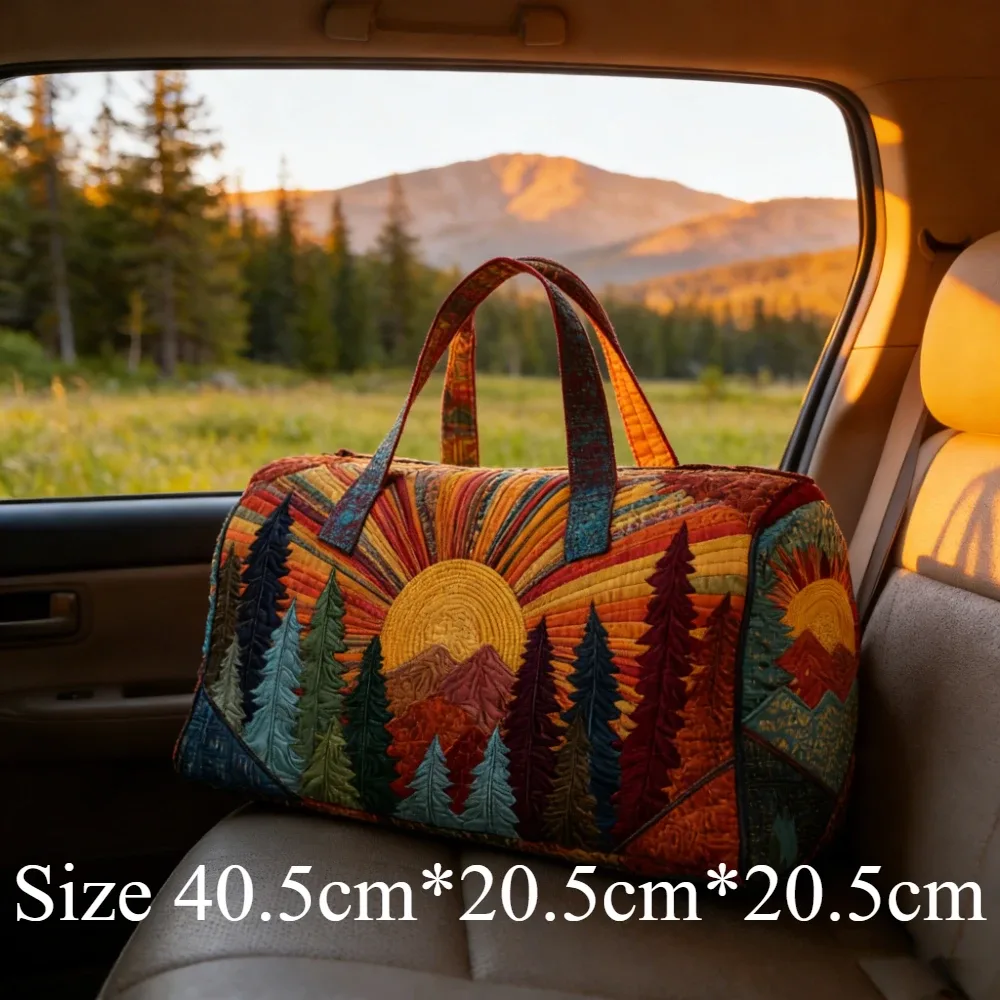 sac de voyage sun and mountain forest, artisanat de quilting fait main, unisexe, vintage, bohème, sac fourre-tout pour le week-end, camping, voyage en voiture, aventures en plein air