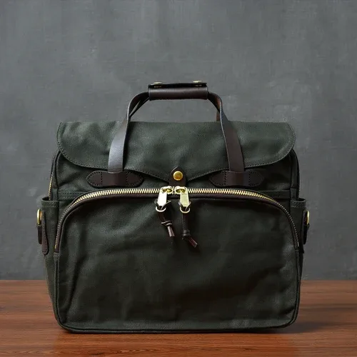 mallette d'affaires vintage en cuir véritable pour hommes, sac à main de voyage en plein air, sac de messager pour ordinateur, sac de travail, toile de haute qualité, 15 po