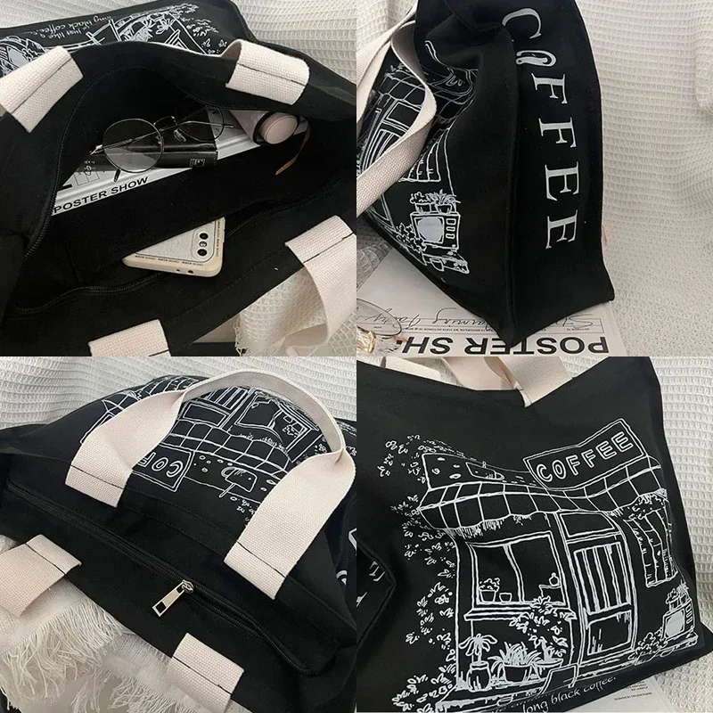 femmes toile sac à bandoulière café maison sacs à provisions noir épais coton sac à main étudiant livres fourre-tout femme shopper tissu sac à main