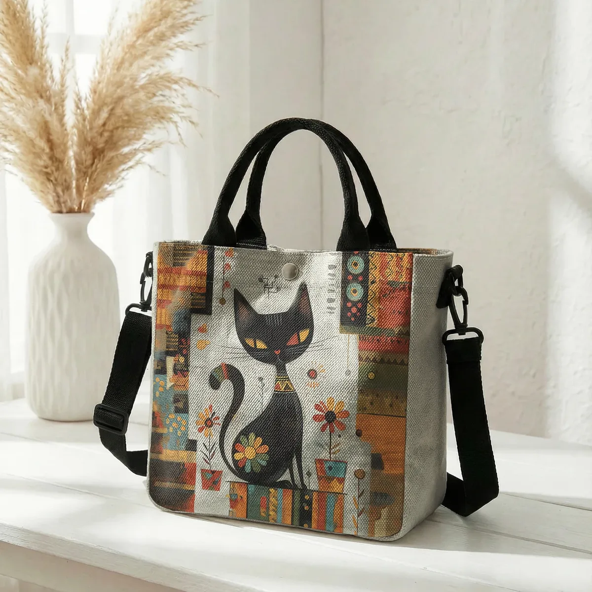 sac fourre-tout avec imprimé artistique de chat noir géométrique abstrait, sac à bandoulière avec sangle détachable pour femmes, pour les courses quotidiennes