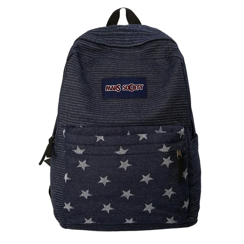 sac à dos en jean de style coréen avec rayures et étoiles colorées, adapté aux étudiantes, polyvalent pour les trajets quotidiens