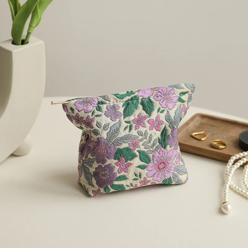 sac à cosmétiques pour femmes, petit sac de rangement vintage à fleurs violettes pour cosmétiques, rouge à lèvres, porte-monnaie portable, porte-carte de banlieue ins