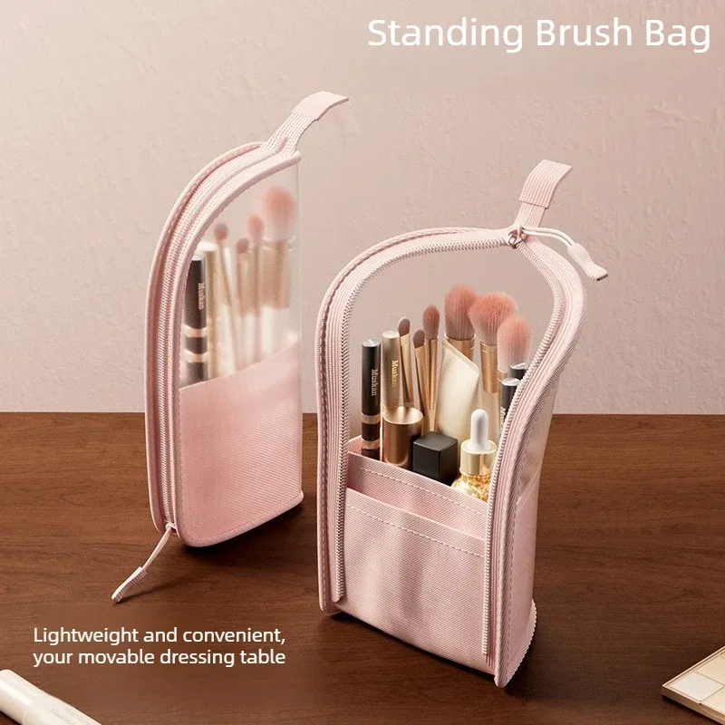 Pochette de maquillage verticale mignonne, trousse de toilette de voyage en PVC imperméable, sac de maquillage portable, pochette de rangement pour pinceaux de maquillage et brosses à dents
