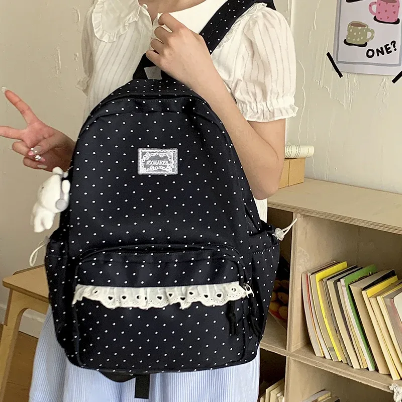 Sac à dos tendance, sac d'école pour femmes à pois avec bordure en dentelle, mignon et élégant, sac à dos léger et de grande capacité pour étudiantes coréennes.