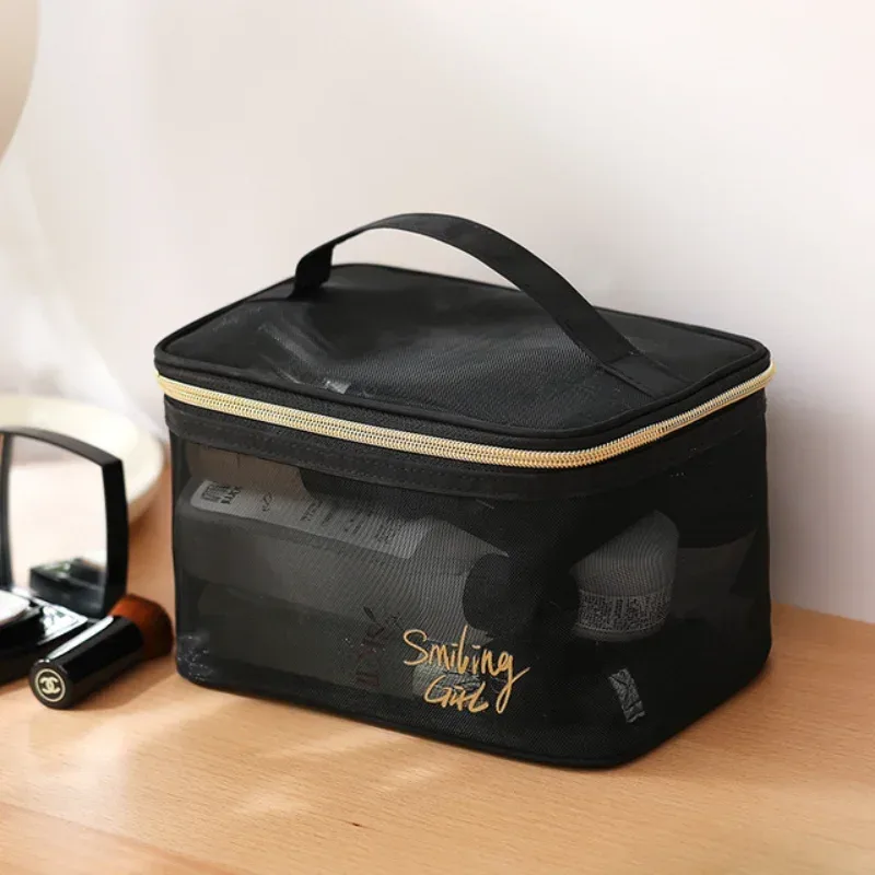 sac à cosmétiques en maille noire pour femmes, petit grand trousse de toilette et de maquillage, boîte transparente, organisateur de pinceaux de cosmétiques de voyage
