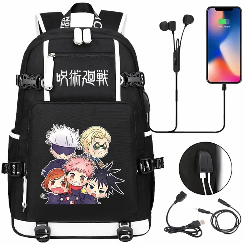 jujutsu kaimmer-sacs à dos college pour hommes et femmes, cartable anime pour adolescents, port de charge usb décontracté, sacs d'extérieur pour ordinateur portable, noir, mochila