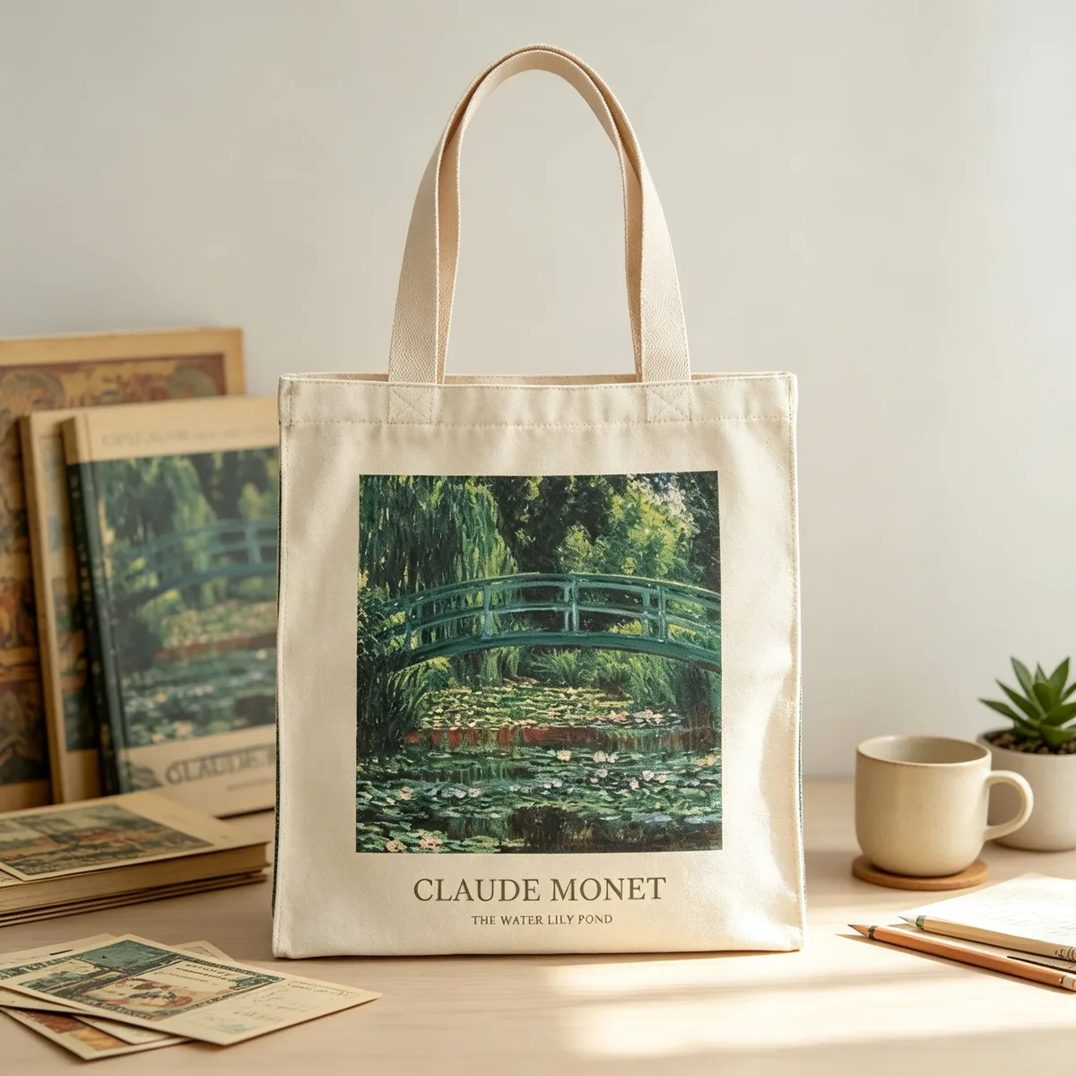Sac fourre-tout esthétique Monet Water Lily Pond, sac de shopping réutilisable en coton, exposition muséale d'art vintage