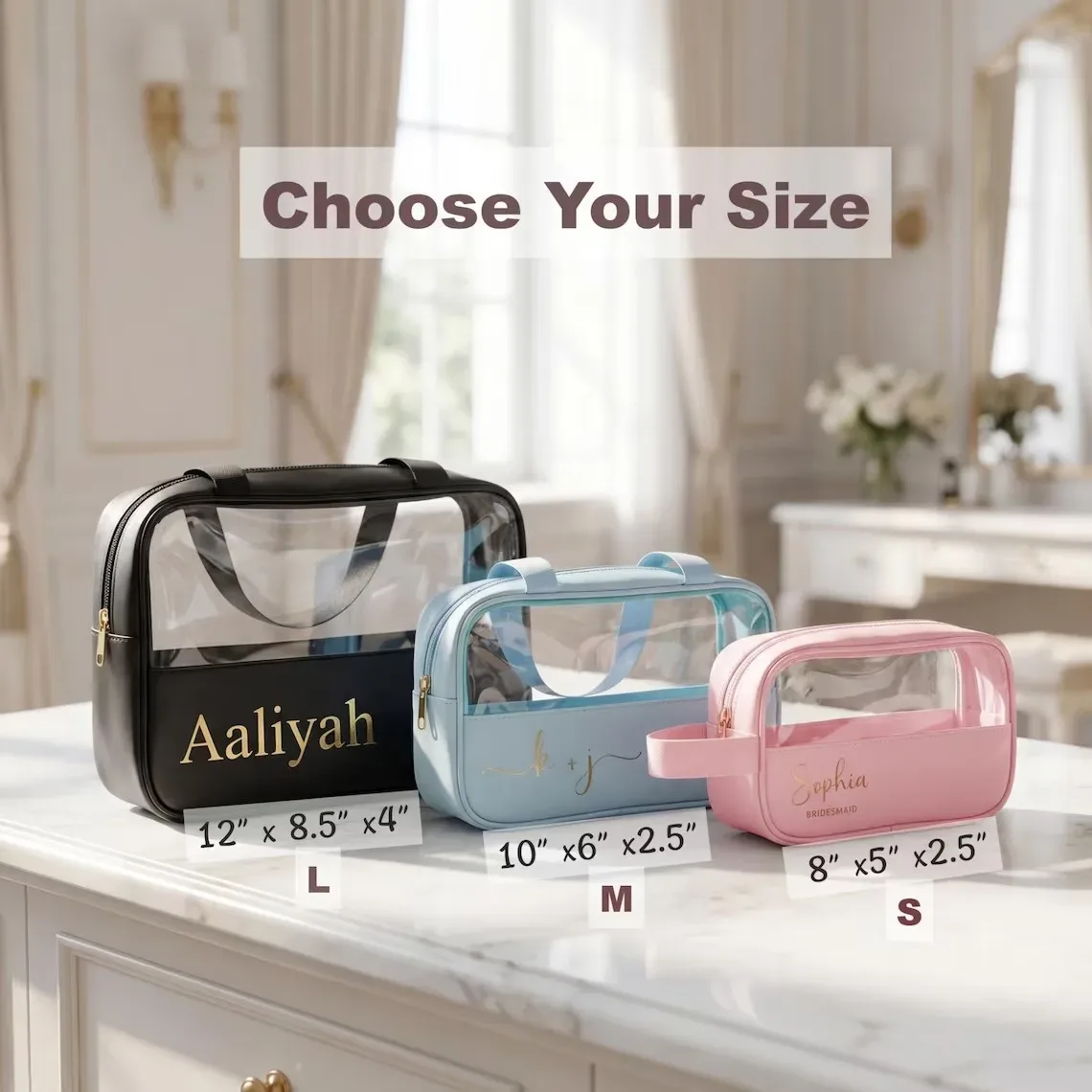 pochette cosmétique personnalisée avec nom, pochette à maquillage en feuille d'or sur mesure, organiseur de toilette de voyage, cadeau pour demoiselle d'honneur