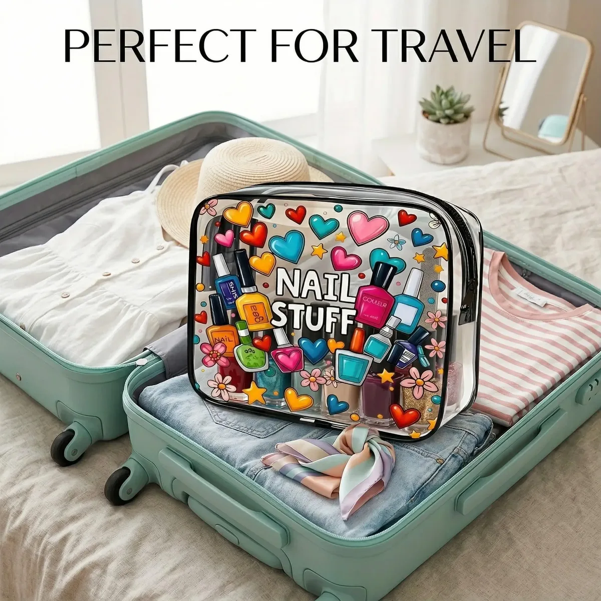 1 pièce trousse de maquillage transparente, organisateur de vernis à ongles, pochette de voyage mignonne pour cosmétiques, trousse de toilette étanche transparente pour les vacances d'été