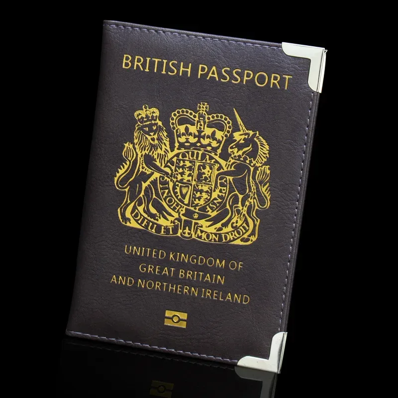 accessoires de voyage porte-passeport britannique avec pieds en cuivre, couverture de passeport en pu, portefeuilles d'angle en métal fin, porte-carte d'identité