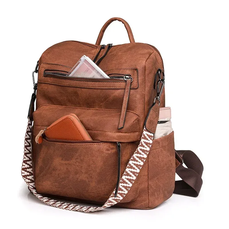 sac à main en cuir pu imperméable et antivol pour femmes, grande capacité, rétro, voyage, collège, sac à dos pour ordinateur portable, sac à bandoulière