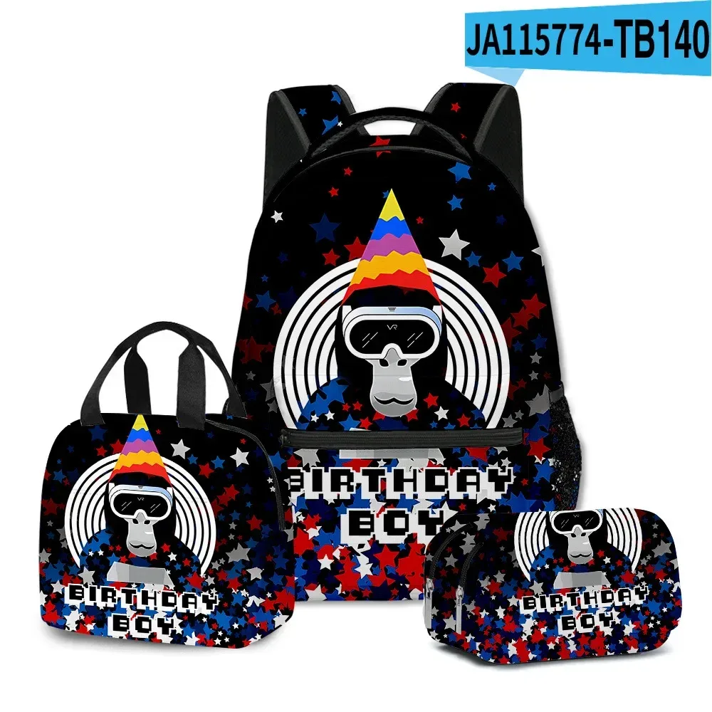 sac à dos d'école pour étudiants, sac à dos portable pour ordinateur portable, sac à déjeuner portable, trousse à crayons, imprimé 3d, motif gorilla classique, populaire et amusant, 3 pièces/ensemble