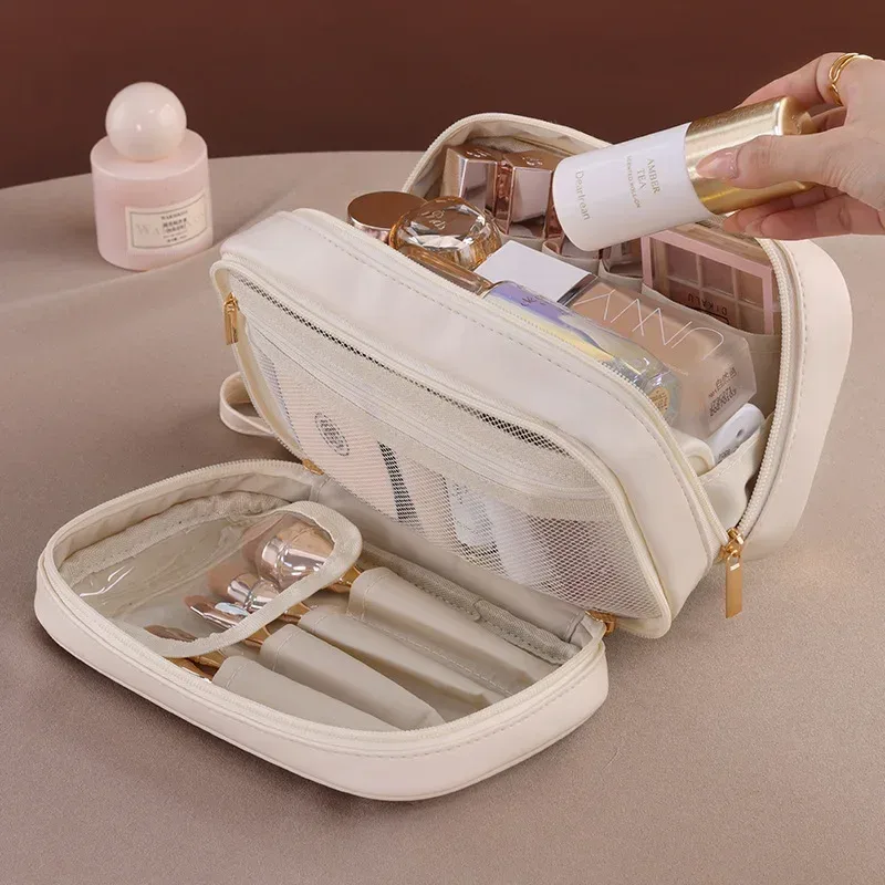 trousse à cosmétiques double couche pour femme, trousse à crayons portable, trousse de maquillage grande capacité, essentiels de voyage, évaluation des cosmétiques, nouveau