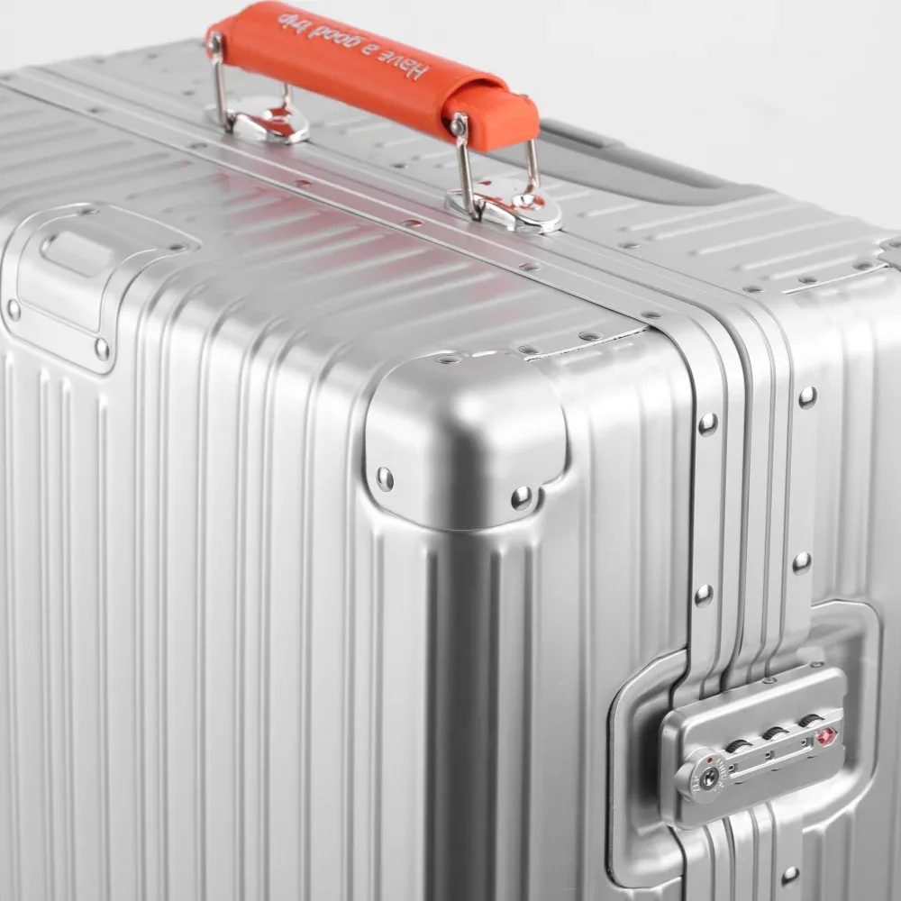 nouvelle valise tout en alliage d'aluminium-magnésium avec roue rotative serrure tsa poignée en cuir 20/24/29 ''étui de voyage sac bagage roulant