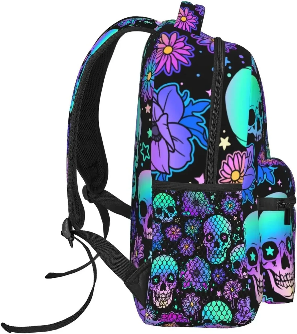 sac à dos à motif de crânes humains et de fleurs lumineuses, sac à dos décontracté pour ordinateur portable, sac à dos pour le travail, poches