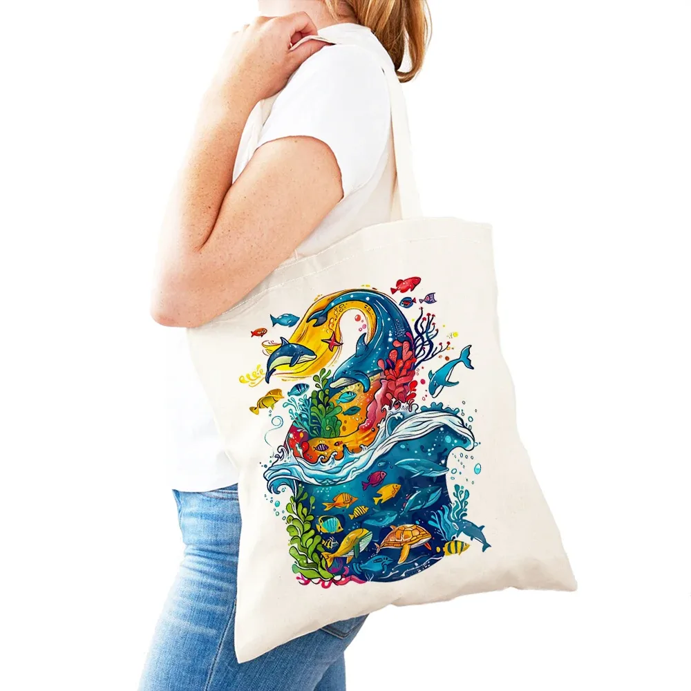 sac fourre-tout léger pour femme, motif baleine, dauphin, monde marin, sac de shopping pour fille, sac à main double impression monde des requins, sacs de shopping pour femme